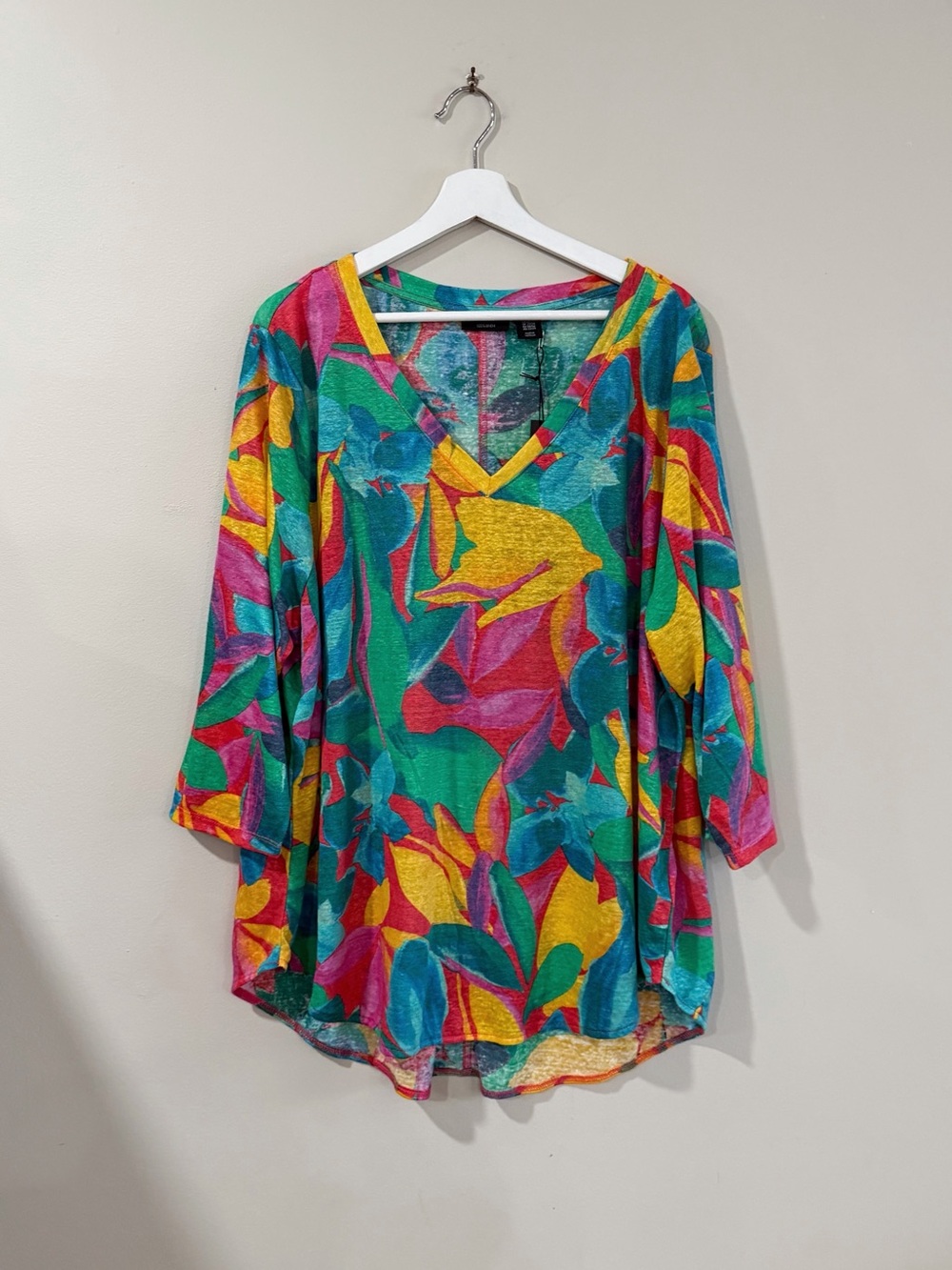 Tahari Women 2X Multicolor 100% Linen Tropical Floral V-Neck Tunic Resort Boho
